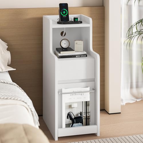 AOGLLATI Nachtschrank Schmal mit Ladefunktion Beistelltisch mit 2 Schubladen, Couchtisch, Nachtkommode mit Steckdosen, Nachtkästchen, Modern, für Schlafzimmer Wohnzimmer Arbeitszimmer (1, Weiß)