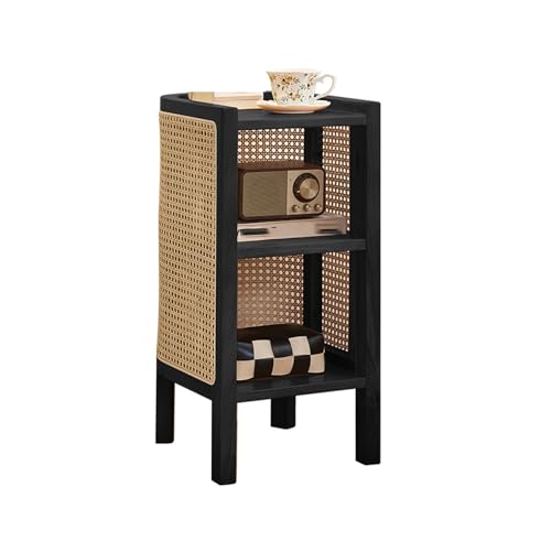 JTPMYFT Nachttisch, Schmaler Rattan-Beistelltisch Mit 2 Offenen Ablagemöglichkeiten, Nachttisch Aus Massivholz, Geeignet for Wohnzimmer, Schlafzimmer, Büro, Badezimmer(Black)