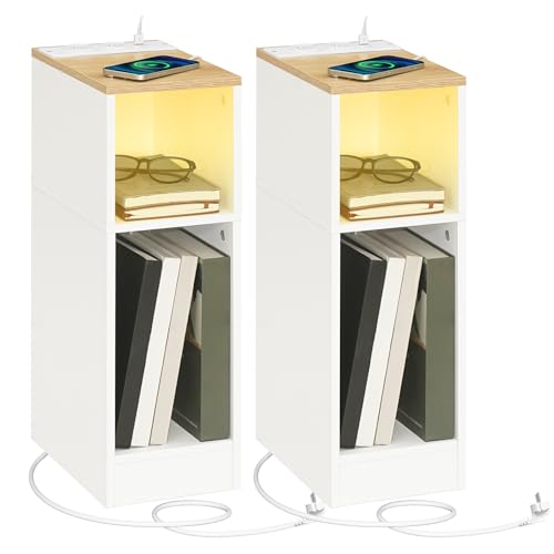 MAHANCRIS Beistelltische mit Ladestation, 2er-Set, Nachttische mit Sensor-LED-Licht, Couchtische, für Kleine Räume, Wohnzimmer, Schlafzimmer, Braun und Weiß AETNW25UE01S2N1