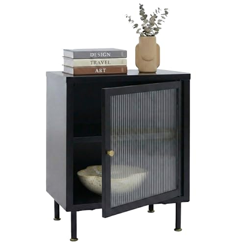 Mendler Nachttisch HWC-O87, Beistelltisch Nachtschrank Schrank, Industrial Staufächer Metall Schilfglas 55x41x41cm - schwarz