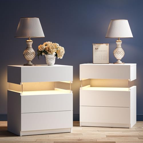 ToolArtess Nachttisch 2er Set LED Weiß Nachttische Holz Nachtschrank mit 3 Schublade für Schlafzimmer