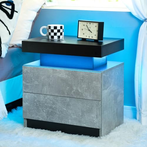 Cubehom LED Nachttisch Holz Nachtkommode mit 2 Schublade Nachttische mit LED Licht für Schlafzimmer, Wohnzimmer, Grau+Schwarz