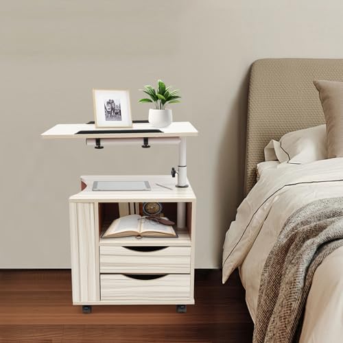 Gdetnysty Funktionaler drehbarer Nachttisch,verstellbar Rollen Mobil Drehbarer Nachttisch mit 2 Schubladen Rädern und Höhenverstellbarer Tischplatte Weiß für Schlafzimmer Wohnzimmer Büro