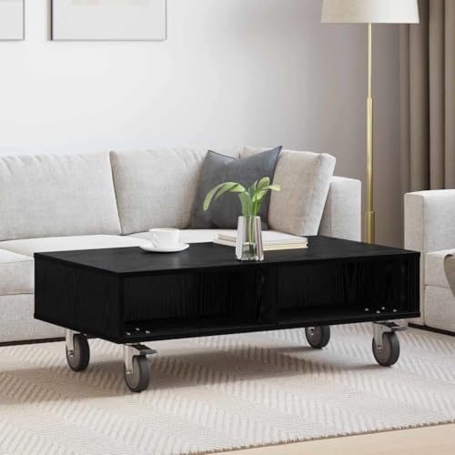 Mokuyary Beistelltisch mit Rollen, Eiche, Schwarz, 90 x 50 x 30 cm, Beistelltisch, Seitenschrank, einfache Montage für Schlafzimmer, Wohnzimmer