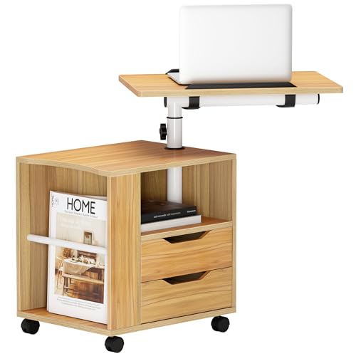 AuraCraft Nachttisch Nachttische mit Verstellbarer Höhe, Nachttisch mit Schubladen und offenen Regalen, Mobiler Beistelltisch mit Rädern für Schlafzimmer, Wohnzimmer (Eiche Weiß, 60x40x70-90CM)