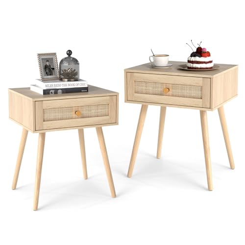 COSTWAY Nachttisch Rattan 2er Set, Nachtschrank mit Schublade und Massivholzbeine, Beistelltisch, Sofatisch, Nachtkonsole im Boho-Sti für Schlafzimmer, Wohnzimmer, Natur, 48 x 40 x 58 cm
