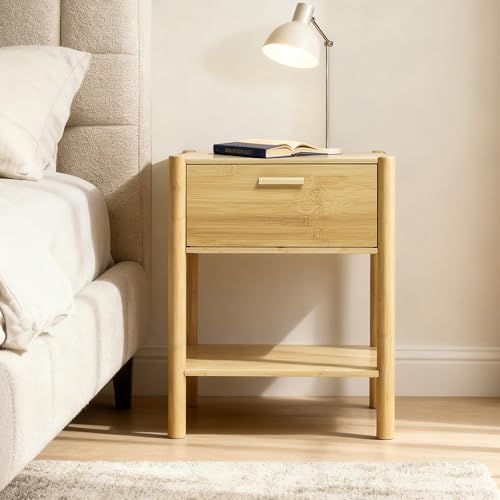 Hometopia Moderner Nachttisch mit Schublade und Ablagefach im japanisch-skandinavischen Stil, aus Bambus, als Beistelltisch oder Bedside Table ideal für Schlafzimmer und Wohnzimmer 40x30x50 cm