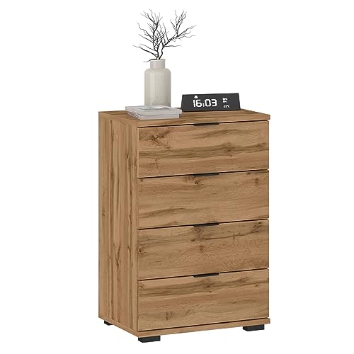 CARO-Möbel Nachttisch Piano Wotan Eiche, Nachtkommode für Boxspringbetten, Nachtschrank mit 4 Schubladen und Griffen aus Kunststoff, Korpus aus MDF/Spanplatte