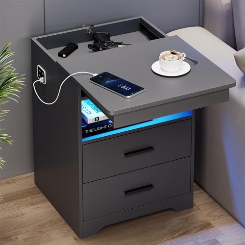 FREDEES Intelligenter LED-Nachtisch mit Verstecktem Schublade, Nachttisch mit Ladestation und 3 Farben Menschensensorlichter, Moderner Nachttisch mit Stauraum Grau