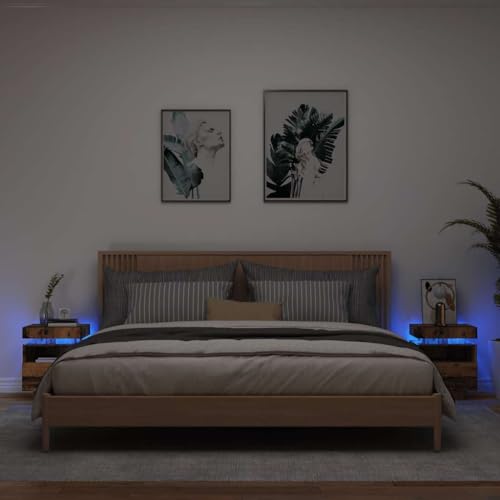 KTHLBRH Nachttisch, LED-Lichter, 2 Stück, antikes Holz, Nachttisch, LED, RGB mit Aufbewahrung, moderner und praktischer Schlafzimmermöbel, 40 x 39 x 48,5 cm