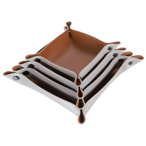 QUARKZMAN 4 Stück PU-Leder Ablagefach Unisex Faltbare Kleine Ablagefach Organizer Tragbare Nachttisch Nachttisch Ablage für Schlüssel Geldbörse Uhr Schmuck Würfel, Braun Silber