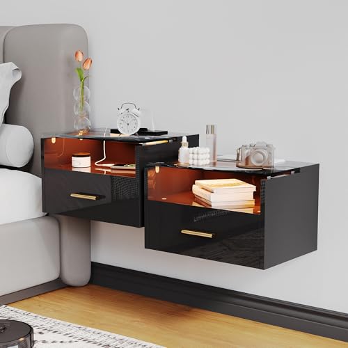 Nachttisch Hängend 2er set mit RGB LED-Beleuchtung & 2 AC Steckdose/2 USB-Anschlüsse,Nachtkäs tchen Schwebend mit Einer Schublade,Trennwand aus Gehärtetem Glas für Schlaf & Wohnzimmer(Schwarz)