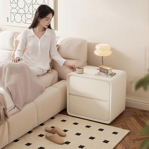 GGJYSYYK Moderner Luxus-Nachttisch aus Leder mit 2 Schubladen, Nachttisch mit Schiebeschubladen, versteckter Doppel-Schubladen-Beistel ltisch, Nachttisch für das Schlafzimmer,Weiß,45cm