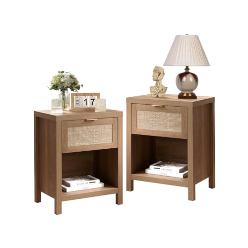 OOMRNV Schlafzimmermöbel Rattan-Nachttische 2Er-Set Mit Schublade Und Stauraum, Nachttisch, Beistelltisch, Akzenttisch Für Schlafzimmer, Wohnzimmer, Beistelltische