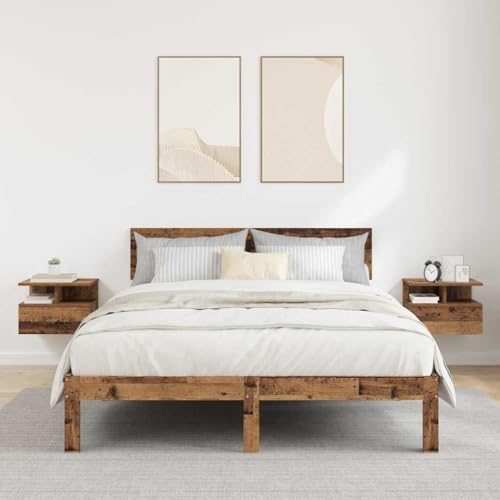 Mokuyary Schwimmender Nachttisch, 2 Stück, antikes Holz, 40 x 31 x 27 cm, Nachttisch zum Aufhängen, mit Schublade und offenen Fächern, Wandschrank, Seitenschrank für Schlafzimmer, Wohnzimmer