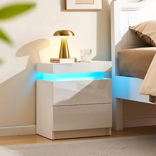 CLIPOP Nachttisch mit LED-Beleuchtung,Hochglanz front Nachtschrank, Einstellbare Farben,Weiß Beistelltisch Sofatisch mit Schubladen und Staufach für Wohnzimmer,Schlafzimmer,3 5 x 45 x 52 cm