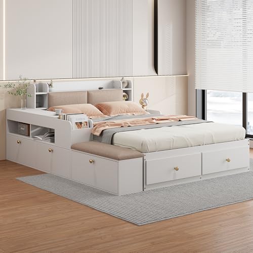 Massivholz-Kombi-Bett 140x200 cm, Funktionsbett Kinderbett mit Schubladen, Nachttisch, Sofabank und Stauraum-Langschrank, Kopfteil mit Staufach,Stauraumbett Doppelbett Tatamibett, ohne Matratze, Weiß
