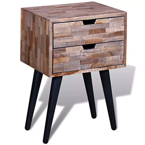 MOONAIRY Nachttisch, Nachtschrank, Nachtkästchen, Nachtkommode, Bedside Table, Nacht Tisch, mit 2 Schubladen Altholz Teak