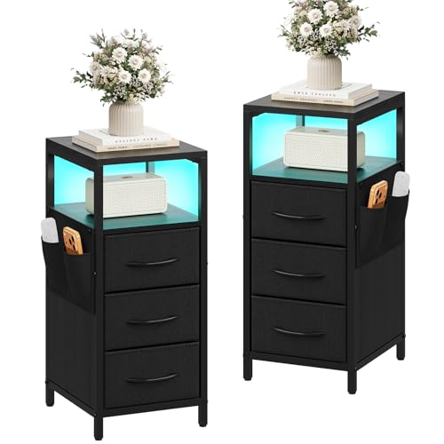 Dripex Nachttisch 2er Set, schmal, Beistelltisch mit 15 Einstellbarer Farben LED-Beleuchtung, 3 Schubladen, offenes Fach, Nachtschrank für Schlafzimmer, Wohnzimmer, Büro (Schwarz)