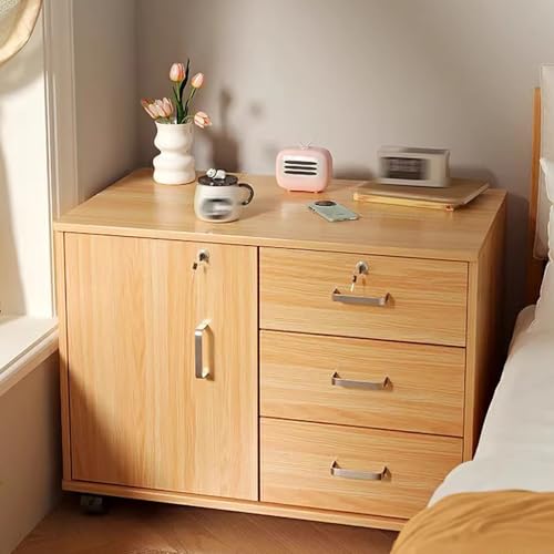 WYRNOBRX Großformatig Nachttisch Moderner Nachtschrank Mit 3 Schubladen Organizer Beistelltisch Sofatisch Nachtkonsole Nachtkommode 3 Rollen 1 Tür Für Schlafzimmer Wohnzimmer,Natural,L24*W1 3*H23