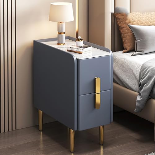 Moderner blauer Nachttisch mit 2 Schubladen, Kunstleder, gepolsterter Nachttisch, komplett montiert, kleiner Beistelltisch für Schlafsäle und kompakte Räume (L30 cm)