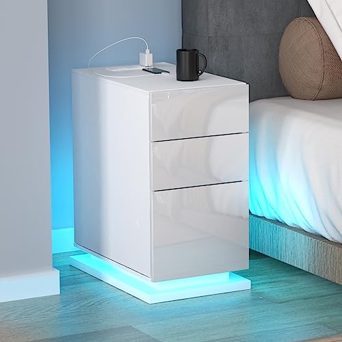 EXSELTMAN Nachttisch Schmal Led, 50x30x63 cm, Nachtschrank, Nachttisch 30 cm breit, 2 AC Steckdosen, 2 USB Anschlüsse, Modern Minimalistisch für Schlafzimmer Wohnzimmer