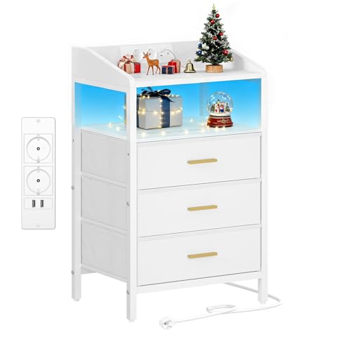 Hzuaneri Nachttisch mit LED-Leuchten und Ladestation, Beistelltisch mit 3 Stoff-Schubladen und Regalen, mit USB-Anschlüssen & Steckdosen, für Schlafzimmer, Wohnzimmer, Weiß NS31013W