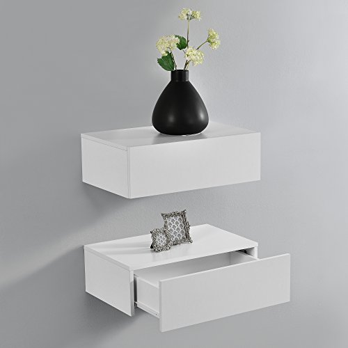 [en.casa] Wandregal Oslo mit Schublade 2er Set Nachttisch schwebende Nachtkommode Hängeregal Wandboard Nachtkonsole 46x30x15cm Weiß matt
