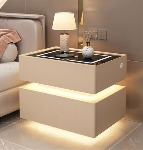 Nachttisch, Nachttisch mit kabelloser Ladestation und USB/Typ-C-Anschlüssen, Nachttisch mit LED-Licht, moderner Nachttisch mit Sensorlicht für Büro, Schlafzimmer (Grau, 48 x 49,9 x 50 cm)