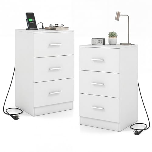 COSTWAY 2er Set Nachttisch mit Ladestation, Nachtschrank mit 3 Schubladen & USB-Anschluss, Hochglanz Nachtkommode, Beistelltisch für Boxspringbett, 38 x 35 x 66 cm (Weiß)