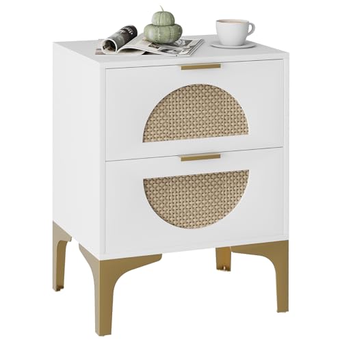 Huhote Boho Holz Nachttisch, Beistelltisch mit Rattan verzierten Schubladen, moderner Nachttisch, Schlafzimmer Beistelltisch mit Stauraum, weiß, 39 cm x 54 cm