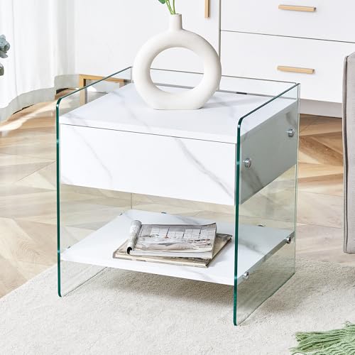 Eleganter Nachttisch mit Schubladen, MDF-Platte und Beinen aus gehärtetem Glas, Schlichtes und stilvolles Design