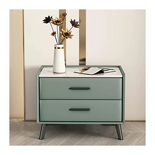 FAJNUZI2024 Grüner moderner Nachttisch, Kunstleder, lackierter Schiefer, 2 Schubladen, Ende Nachtkästchen Stauraum(L40xD40xH45cm)