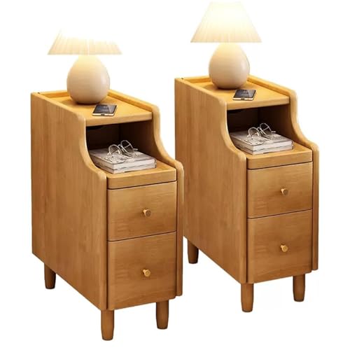 Schmaler Nachttisch mit Schubladen, hoher, schmaler Nachttisch, Holz-Beistelltisch für Schlafzimmer, 2 Farben, 25 cm – perfekter platzsparender Beistelltisch, 2er-Set