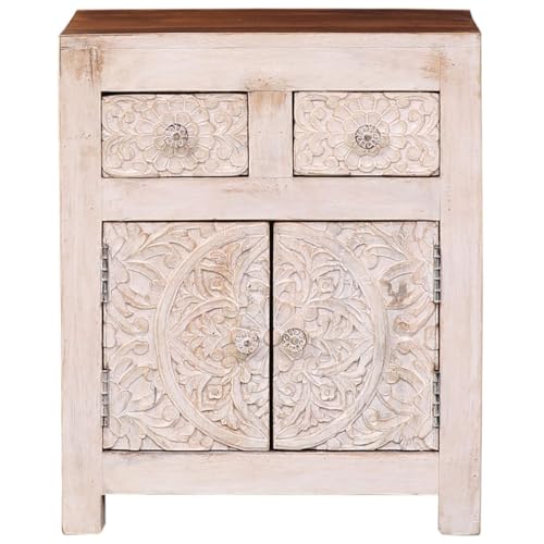 Marrakesch Boho Style Nachttisch kleine Kommode mit Schubladen aus Holz 60cm hoch | Beistelltisch für Schlafzimmer oder Kinderzimmer als Orientalische Möbel | Vintage Nachttische klein Hoda weiß
