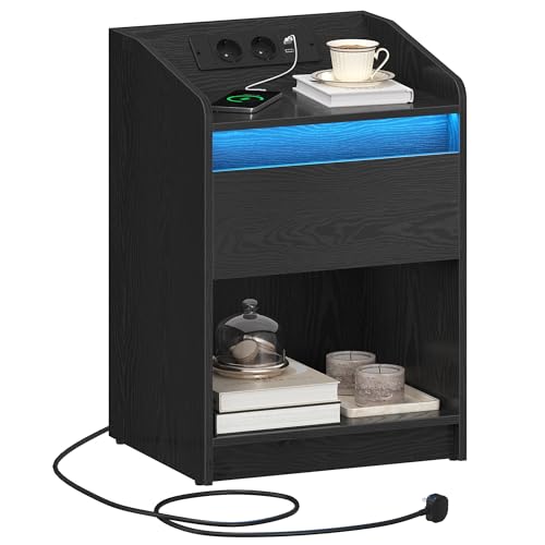 Hzuaneri Nachttisch mit LED-Licht, Beistelltisch mit Ladestation, 1 Aufbewahrungsschublade Nachttisch für Schlafzimmer, Wohnzimmer, 2 USB-Anschlüsse, 2 Steckdosen, offenes Fach, Schwarz NS04804X1