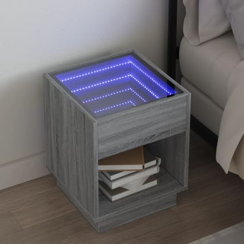 Bucmath Nachttisch mit Infinity-LED, Grau Sonoma 40x40x50 cm, Holzwerkstoff, Glas, RGB-Beleuchtung, Wohnzimmer Beistelltisch, Schlafzimmer Nachtschrank