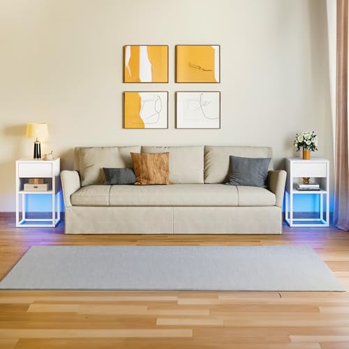YITAHOME Nachttisch 2er Set mit LED-Beleuchtung, Beistelltisch mit Schublade offenes Fach Nachtschrank Schlafzimmer Beistelltische fürs Wohnzimmer einfacher Aufbau Weiss