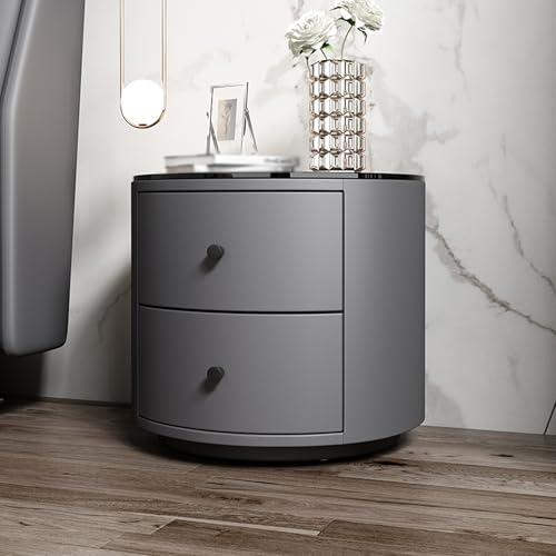 Nachttisch, rund, mit 2 Schubladen, Lederoberfläche, Platte aus gehärtetem Glas, modernes Design für die Aufbewahrung im Schlafzimmer
