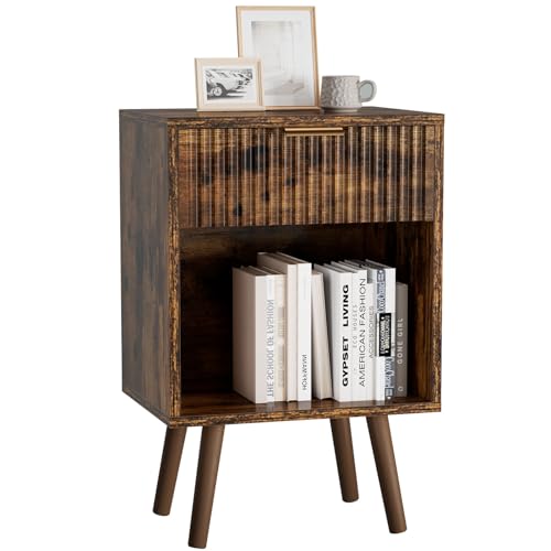 YMYNY Nachttisch, Beistelltisch, Nachtschrank mit Stauraum, Schubladen geriffelte Fronten, Goldener Griff, Massivholz Beinen, Modern, für Schlafzimmer Wohnzimmer, Rustikales Braun HST013H