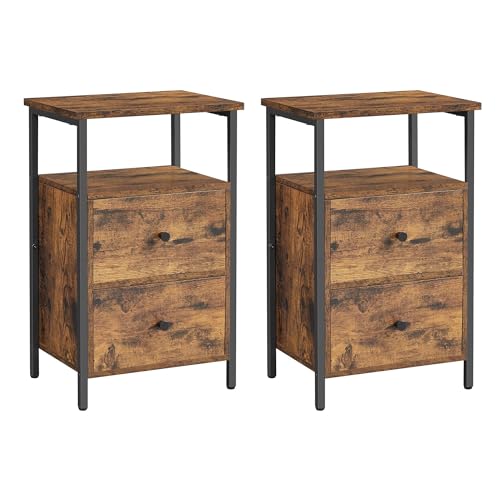 VASAGLE Nachttisch, 2er Set, Beistelltisch, mit 2 Schubladen, für Schlafzimmer, Wohnzimmer, Industrie-Design, vintagebraun-schwarz