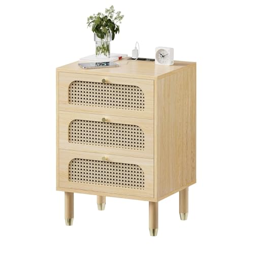 LEADZM Rattan Nachttisch mit Ladestation, Nachttische 3 Schubladen, Boho Endtisch/Beistelltisch, Rattan Nachttisch für Schlafzimmer (1, Eiche)