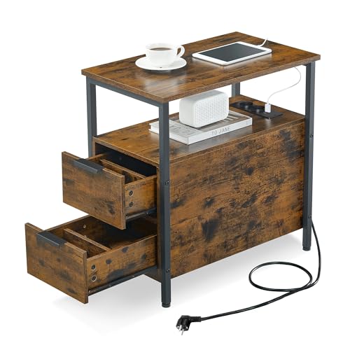 VASAGLE Beistelltisch, Nachttisch mit Steckdosenleiste, 2 Schubladen, Sofatisch, Nachtschrank für Wohnzimmer, Schlafzimmer, vintagebraun-tintenschwar z LET325B01 VASAGLE Beistelltisch, Nachttisch mit Steckdosenleiste, 2 Schubladen, Sofatisch, Nachtschrank für Wohnzimmer, Schlafzimmer, vintagebraun-tintenschwar z LET325B01