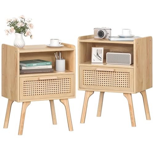 LELELINKY Nachttisch 2er Set Rattan Boho, Kleiner Beistelltisch Holz mit Schublade und Offenem Regal, Nachttische hat Tischbeine aus Massivholz für Wohnzimmer Sofatisch, Schlafzimmer Nachtkommode