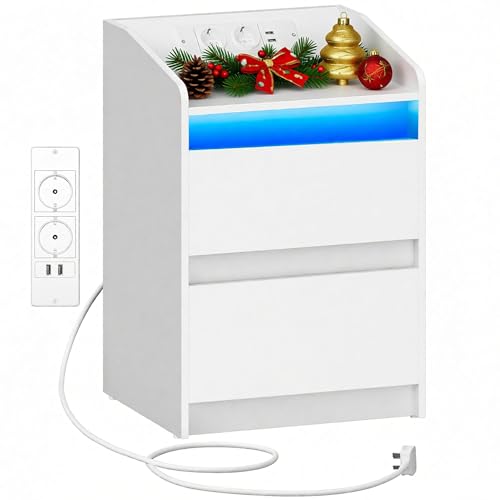 Hzuaneri Nachttische mit LED-Lichtern, Ladestation und 2 Schubladen, Beistelltisch mit USB-Anschlüssen & Steckdosen, Stilvoll und vielseitig, für Wohnzimmer und Schlafzimmer, Weiß NS30003X