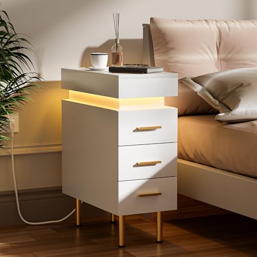 Saitedudu Nachttisch mit Ladestation und LED-Beleuchtung, Nachttisch mit 3 Schubladen, 1 verstecktem Fach, Nachttisch mit Schubladen, Beistelltisch für Schlafzimmer, Wohnzimmer (JPDC0001B)