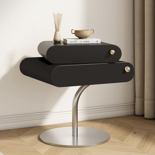 YFJBDKS Moderner Nachttisch im minimalistischen Stil, doppellagige Schubladen aus Kunstleder, Massivholz + Metallrahmen, moderner Nachttisch für zeitgenössische Schlafzimmer,Schwarz