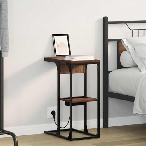 Runheo Nachttisch Braun Eichen-Optik, 41,5x26x60,5 cm, Holzwerkstoff, mit Regalen, integrierter Ladestation, ideal für kleine Schlafzimmer, rustikaler Beistelltisch