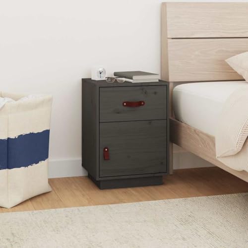 KATERYY Nachttisch Grau 40x34x55 cm Massivholz,Zeitloser MassivholzNachttisch in Grau mit Stauraum für Bücher und Deko Schlafzimmer, Nachttische