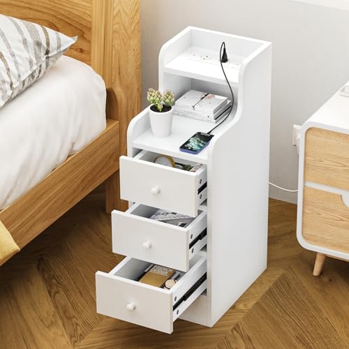 Wohenster Nachttisch mit Ladefunktion, Beistelltisch schmal mit 2 offenen Ablagen und 3 Schublade, Nachttische Holz, Tisch Wohnzimmer, Betttisch,Weiß Nachtschrank für Schlafzimmer,35x25x70 cm, Weiß
